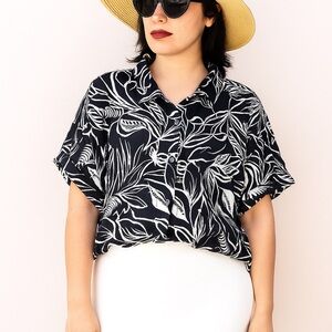 Christian Siriano Black and White Leaf Print Button Down Shirt